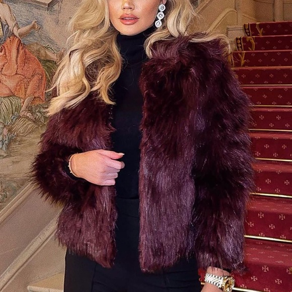 Sexy faux fur maroon burgundy wine fuzzy coat winter jacket medium - Picture 1 of 4